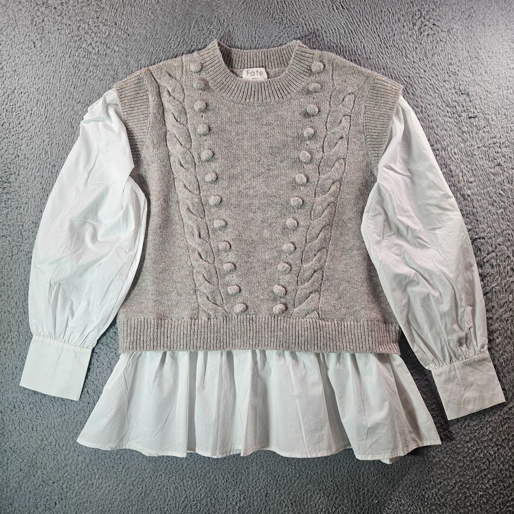 NWOT Fate Contrast Top Shirt Women Small Knit Long Sleeve Gray White Preppy